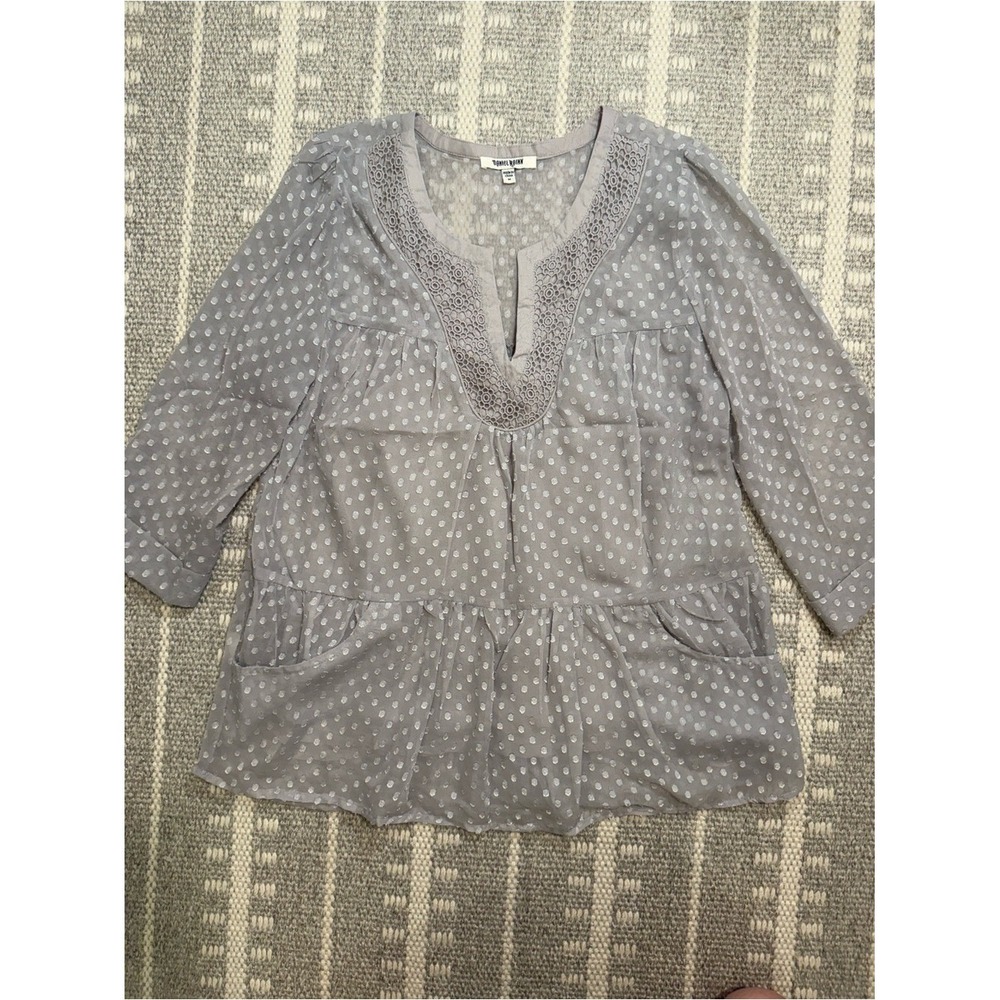 Y2K Boho Lace Embellished Tunic Daniel Rainn Medium Gray Swiss Dot Blouse